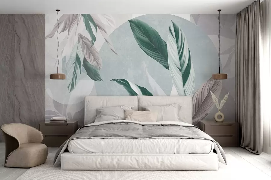 murales de pared Composición geométrica moderna y abstracta de textura con hojas detalladas en tonos verdes, morados claros y blancos w08741v1