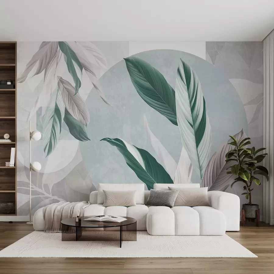 murales de pared Composición geométrica moderna y abstracta de textura con hojas detalladas en tonos verdes, morados claros y blancos w08741v1