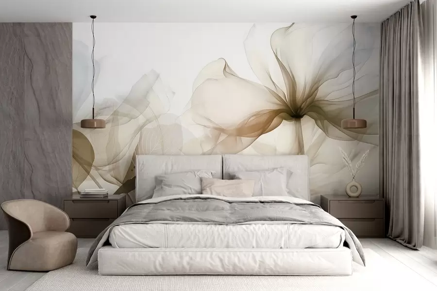 murales de pared Flores abstractas marrones con pétalos suaves y translúcidos y delicados detalles, sobre fondo blanco w08742v1