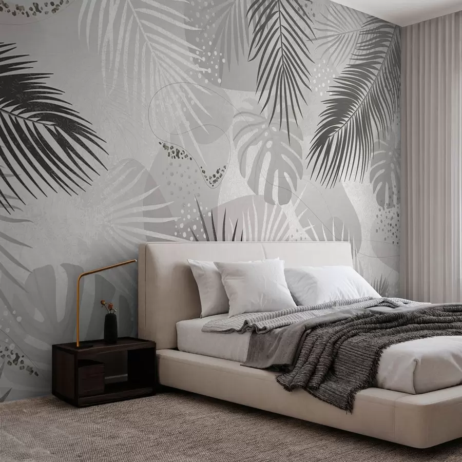 murales de pared Tendencia abstracta de hojas y líneas tropicales w03060v2