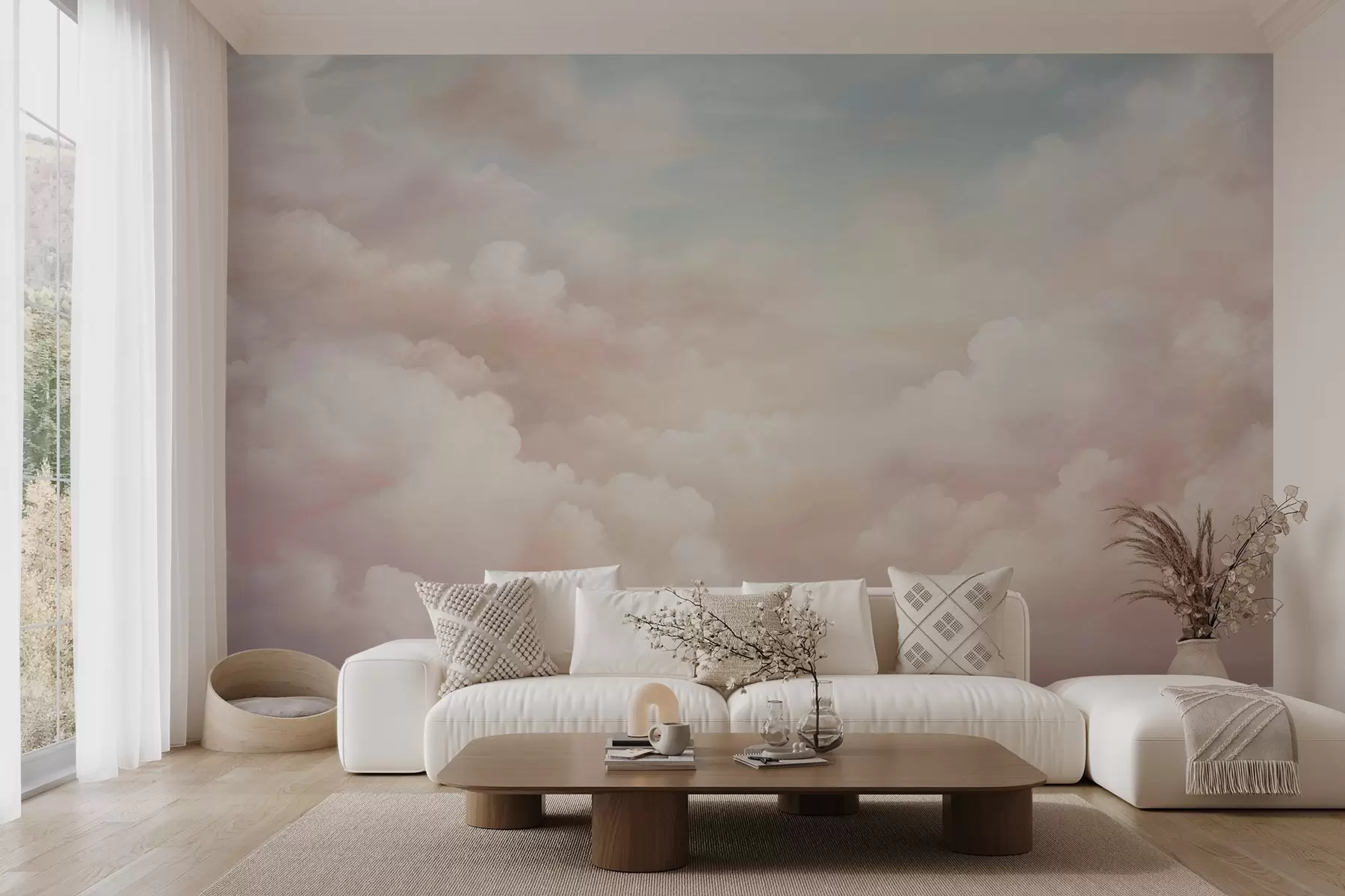 murales de pared Suaves nubes pastel en tonos rosa, crema y azul w03047