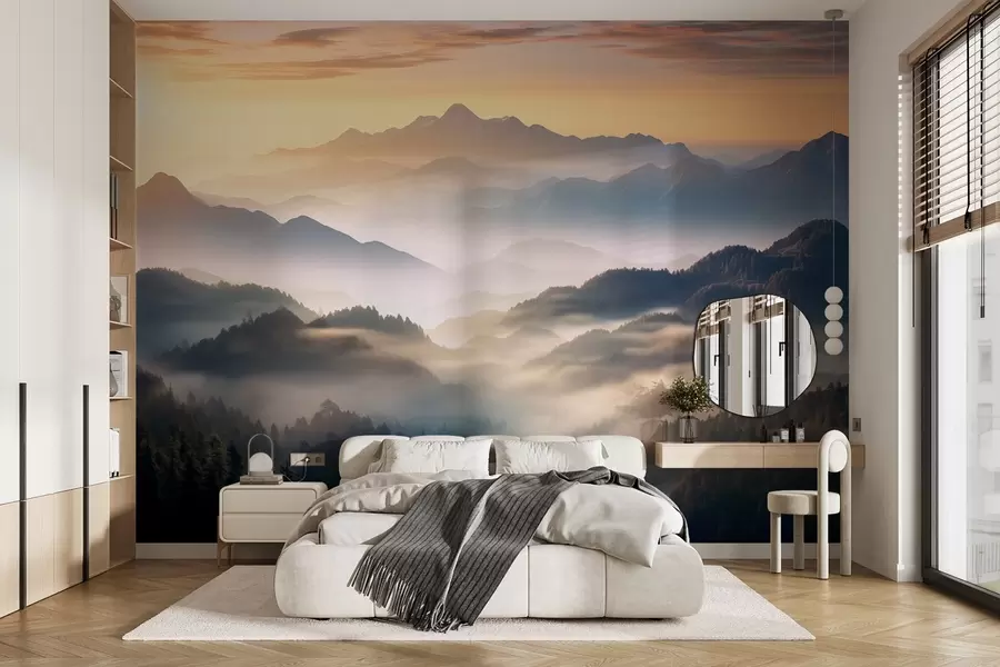 murales de pared Sereno paisaje de montaña al amanecer, con suave bruma envolviendo los pinos w08748