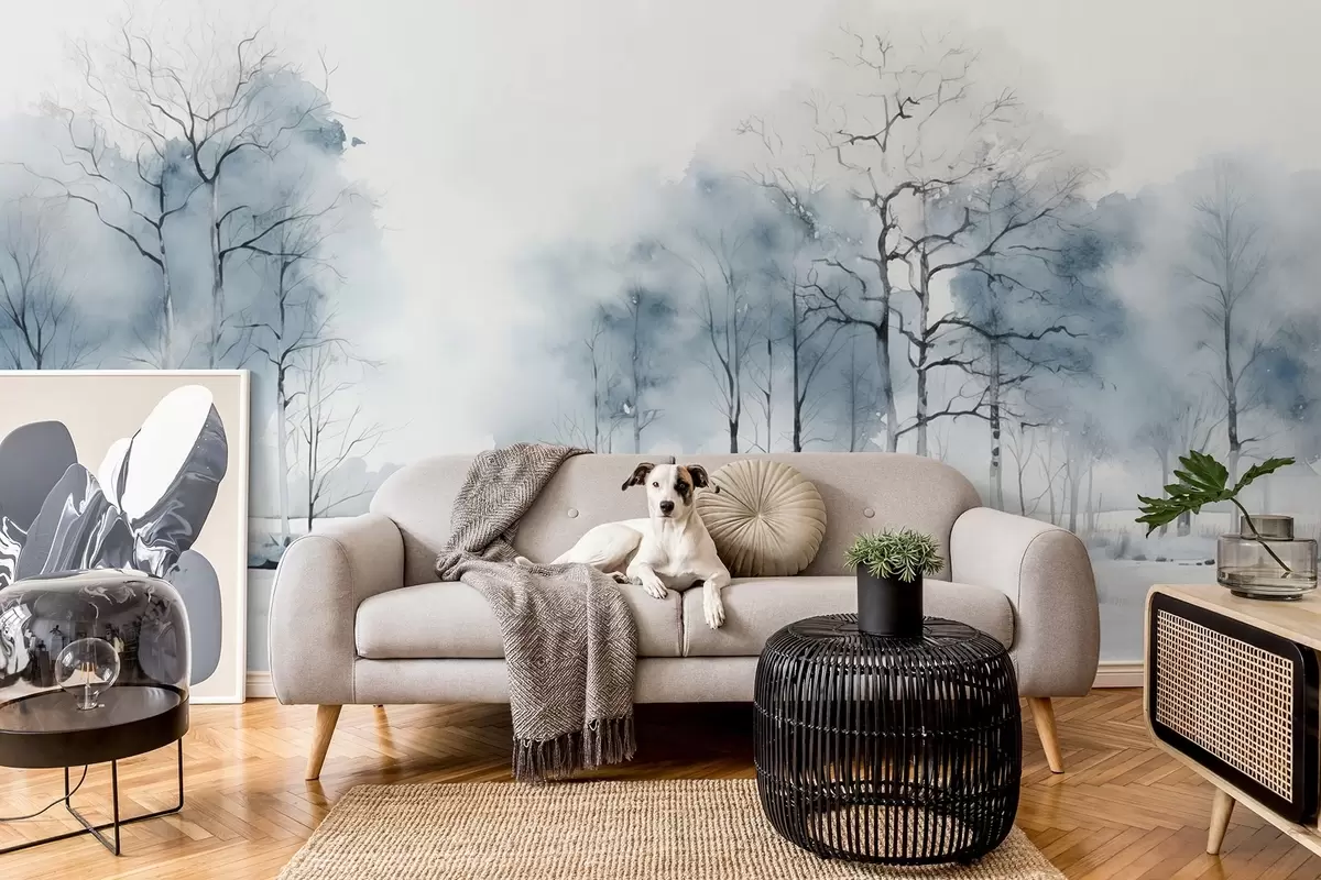 murales de pared Árboles azules en estilo acuarela sobre fondo blanco w08753