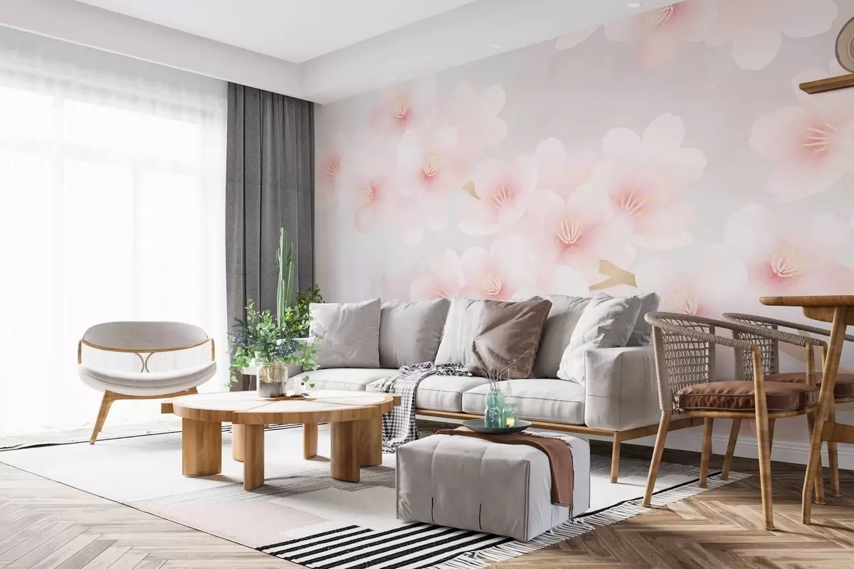 murales de pared Delicadas ramas con flores rosas w03099