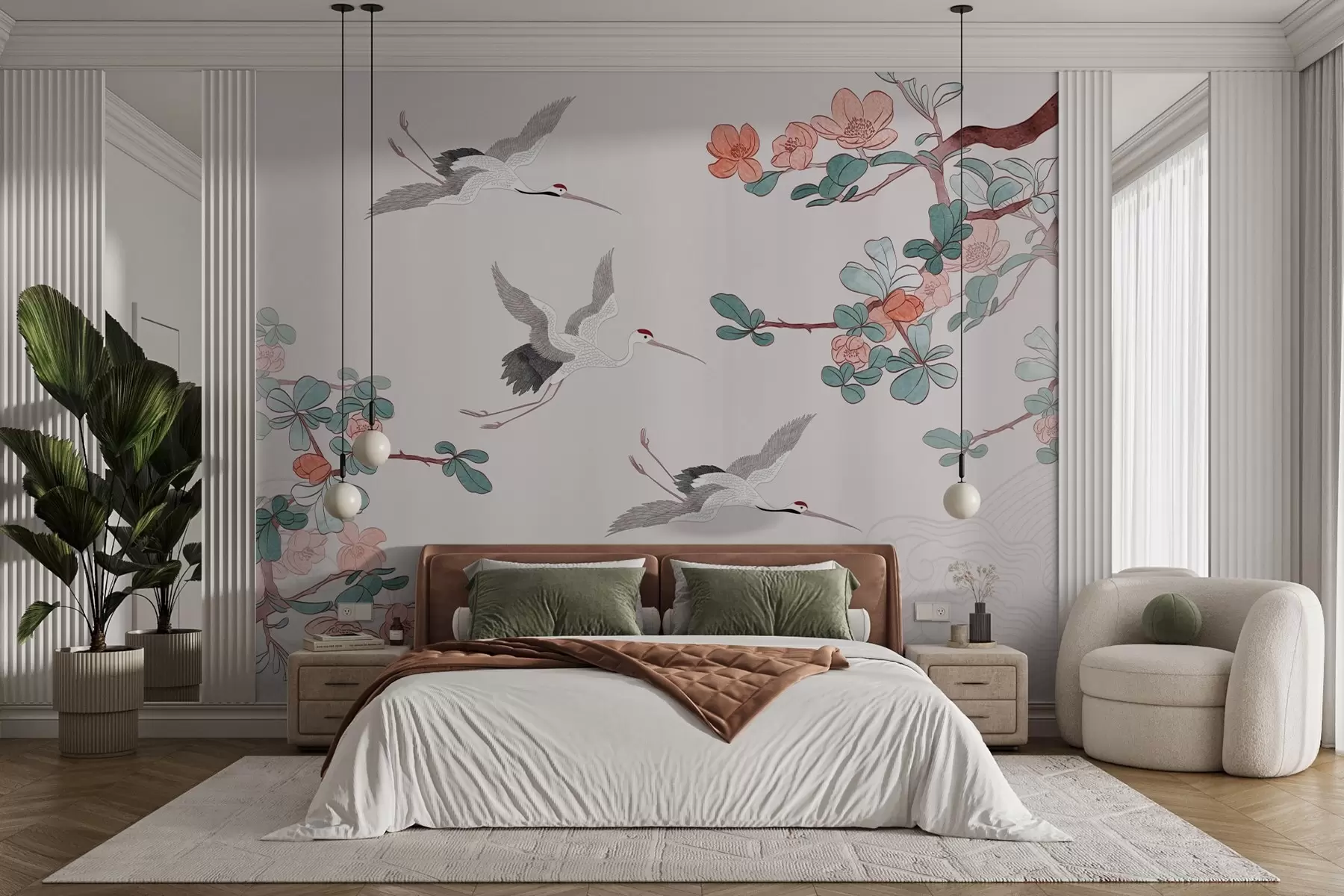 murales de pared Ramas con flores y grullas de estilo japonés w03103