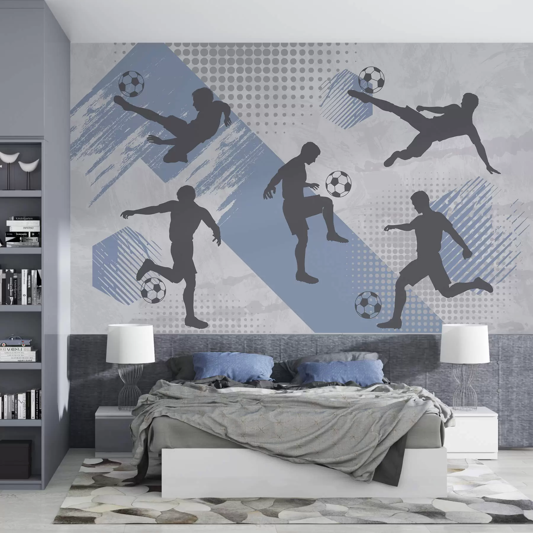 murales de pared Siluetas de jugadores de fútbol sobre fondo abstracto w03001v1