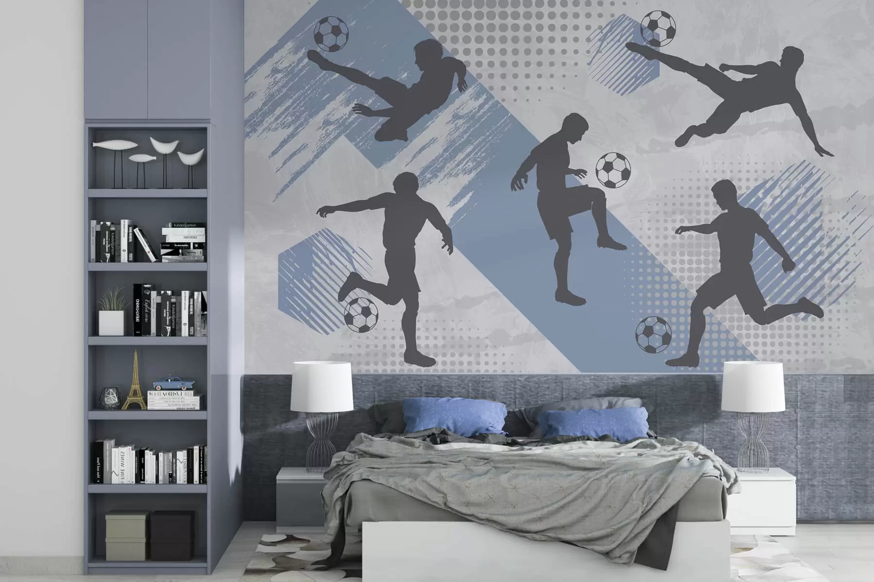 murales de pared Siluetas de jugadores de fútbol sobre fondo abstracto w03001v1