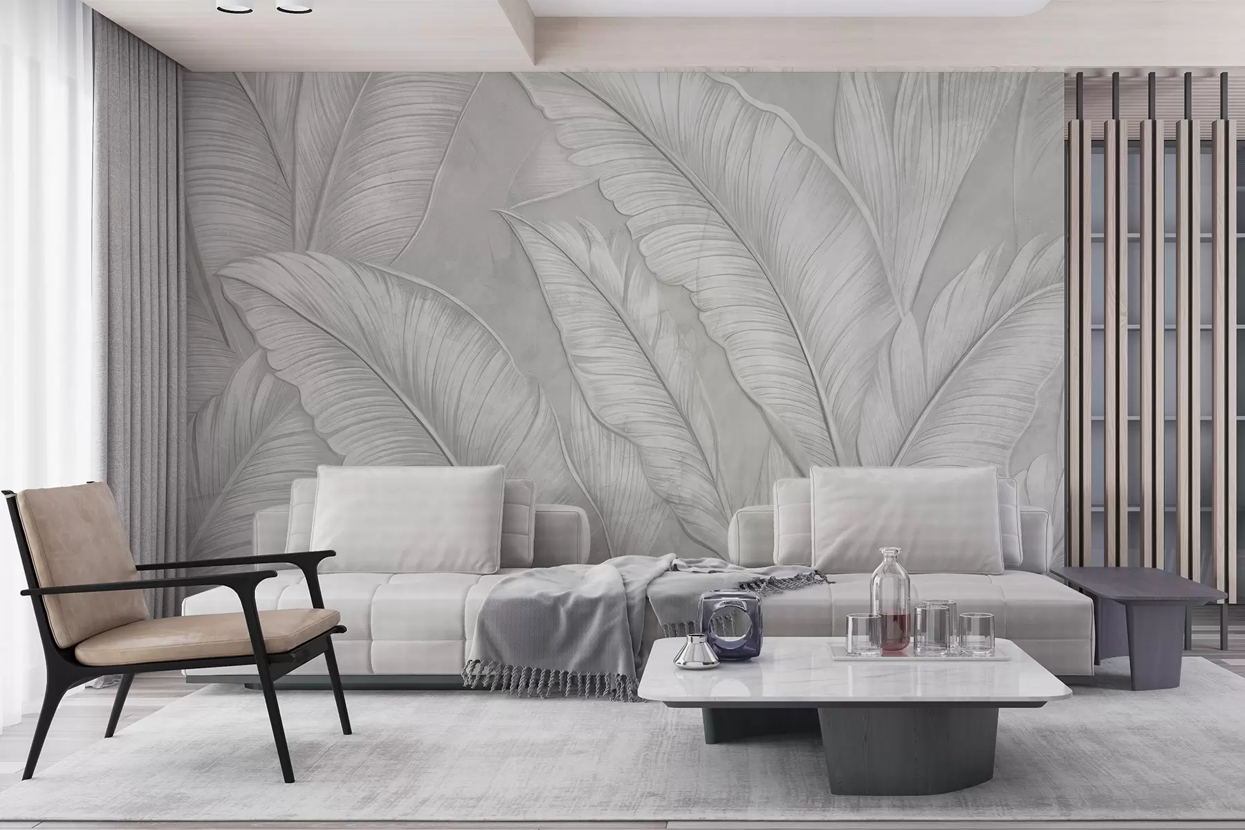 murales de pared Grandes hojas tropicales detalladas con gran textura en un color gris claro monocromático de estilo loft  w08772