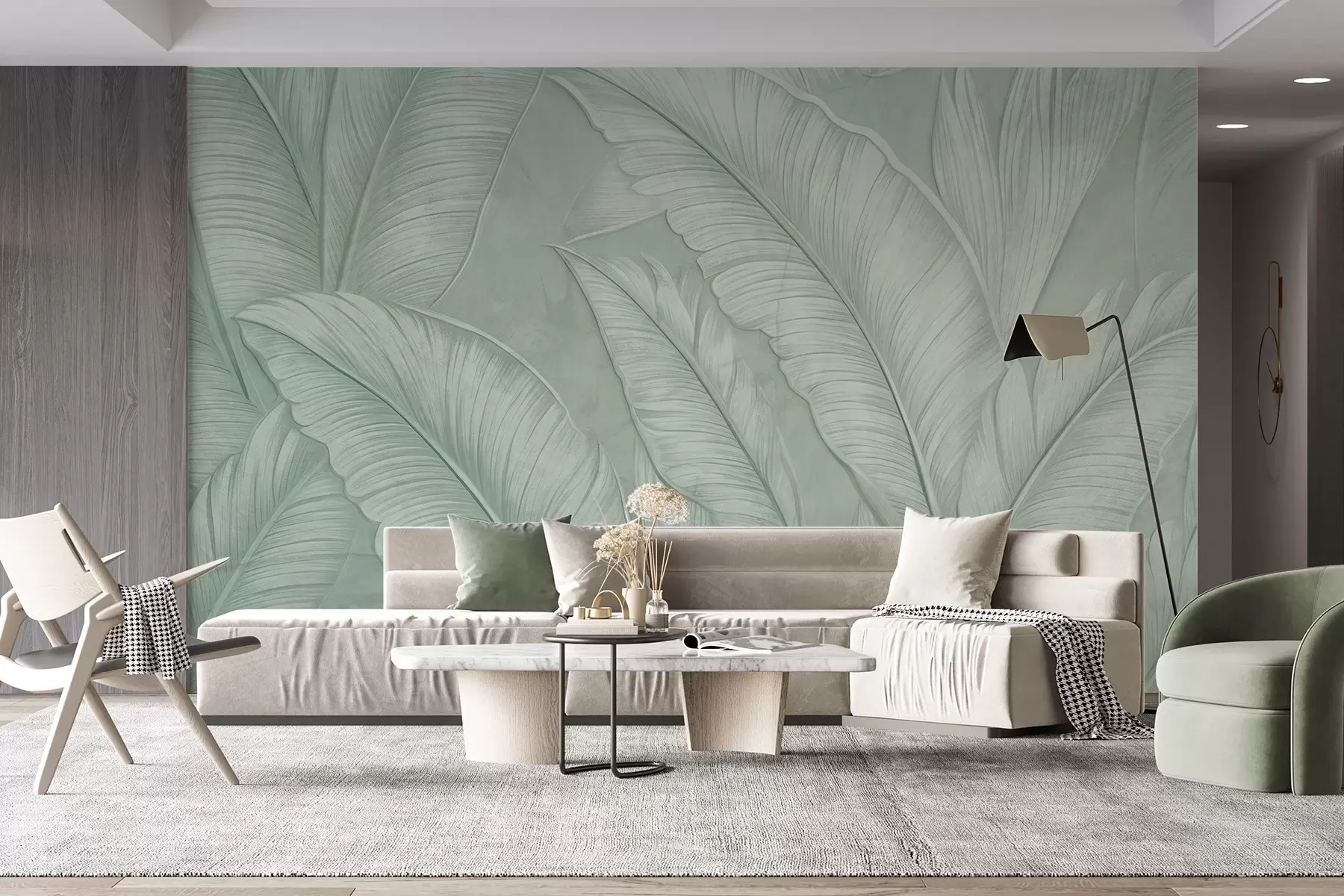 murales de pared Grandes hojas tropicales de gran textura y detalle en un color verde monocromático de estilo loft  w08772v1