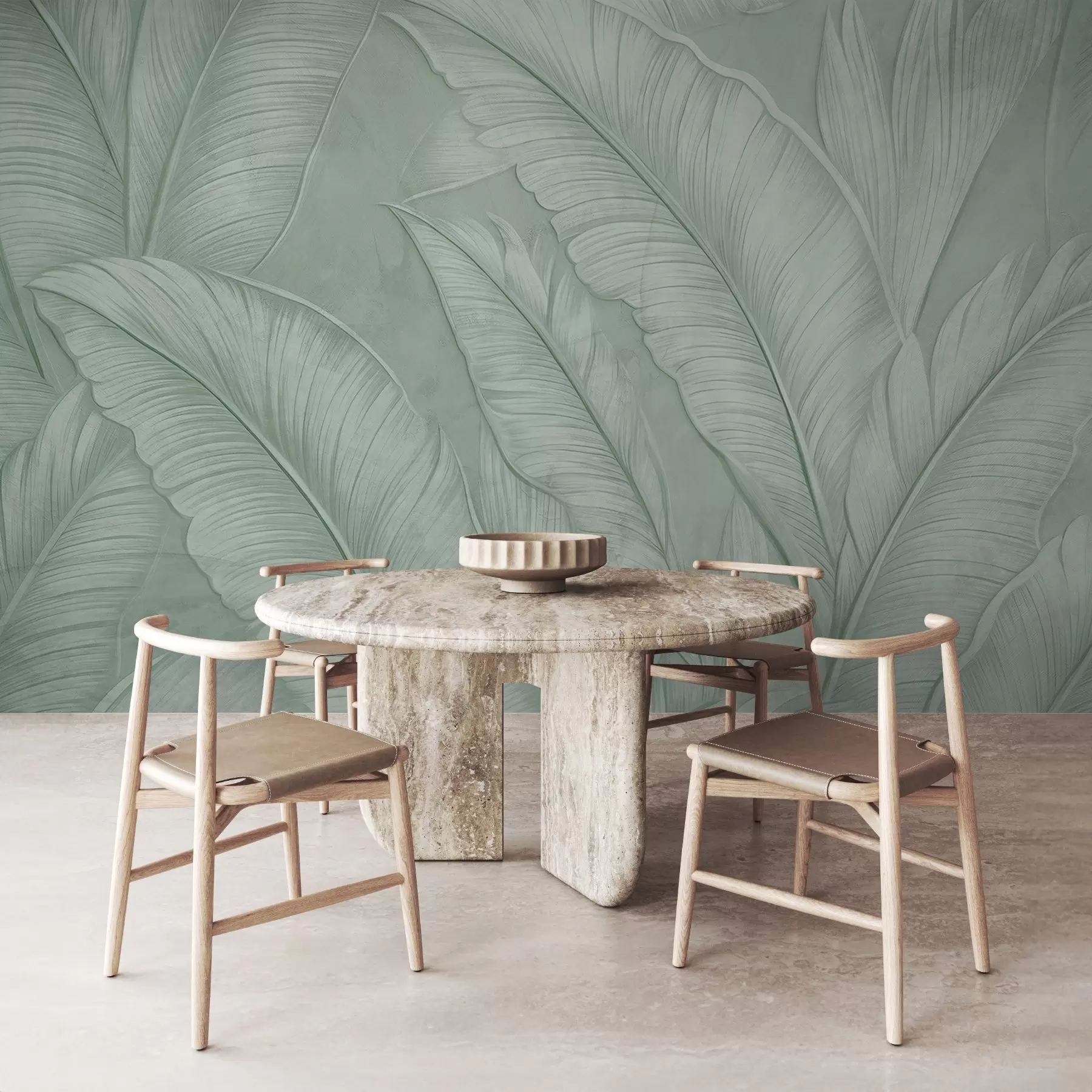 murales de pared Grandes hojas tropicales de gran textura y detalle en un color verde monocromático de estilo loft  w08772v1