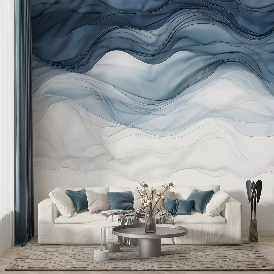 murales de pared Ondas fluidas de texturas translúcidas en tonos azul oscuro, azul claro y blanco sobre un fondo claro  w08775