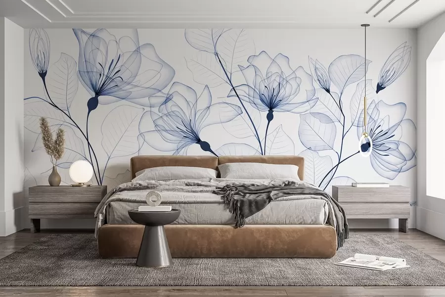murales de pared Delicadas flores azules minimalistas con pétalos y hojas transparentes, sobre fondo blanco w08776