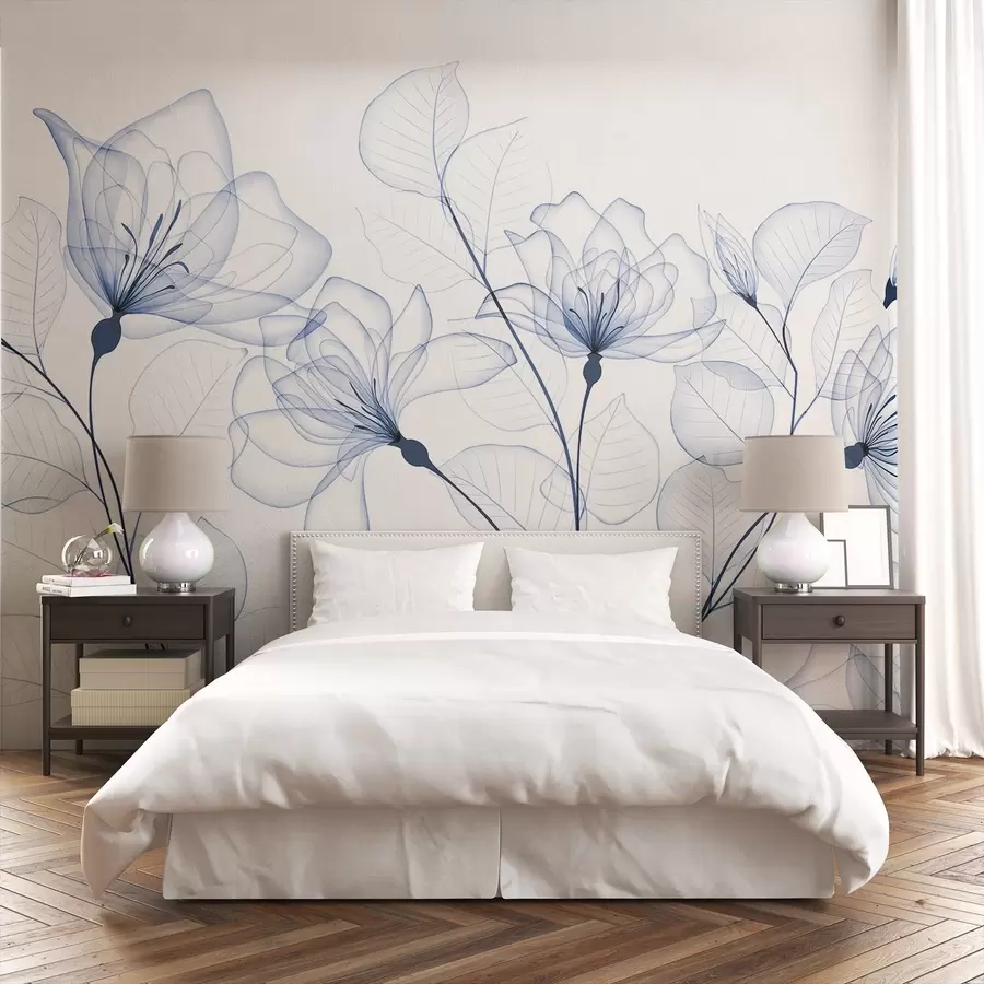 murales de pared Delicadas flores azules minimalistas con pétalos y hojas transparentes, sobre fondo blanco w08776