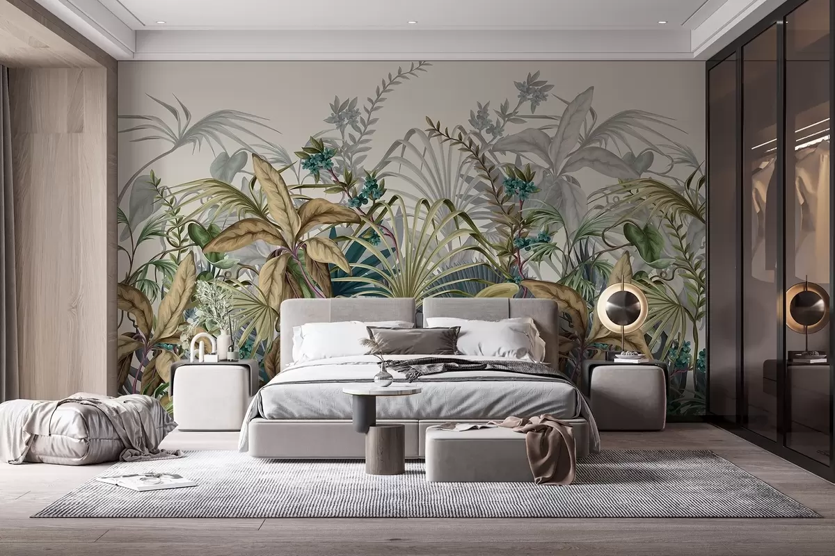 murales de pared Arreglo de varias plantas tropicales con grandes hojas vibrantes, creando una exuberante escena de follaje sobre un color beige claro  w08777v1