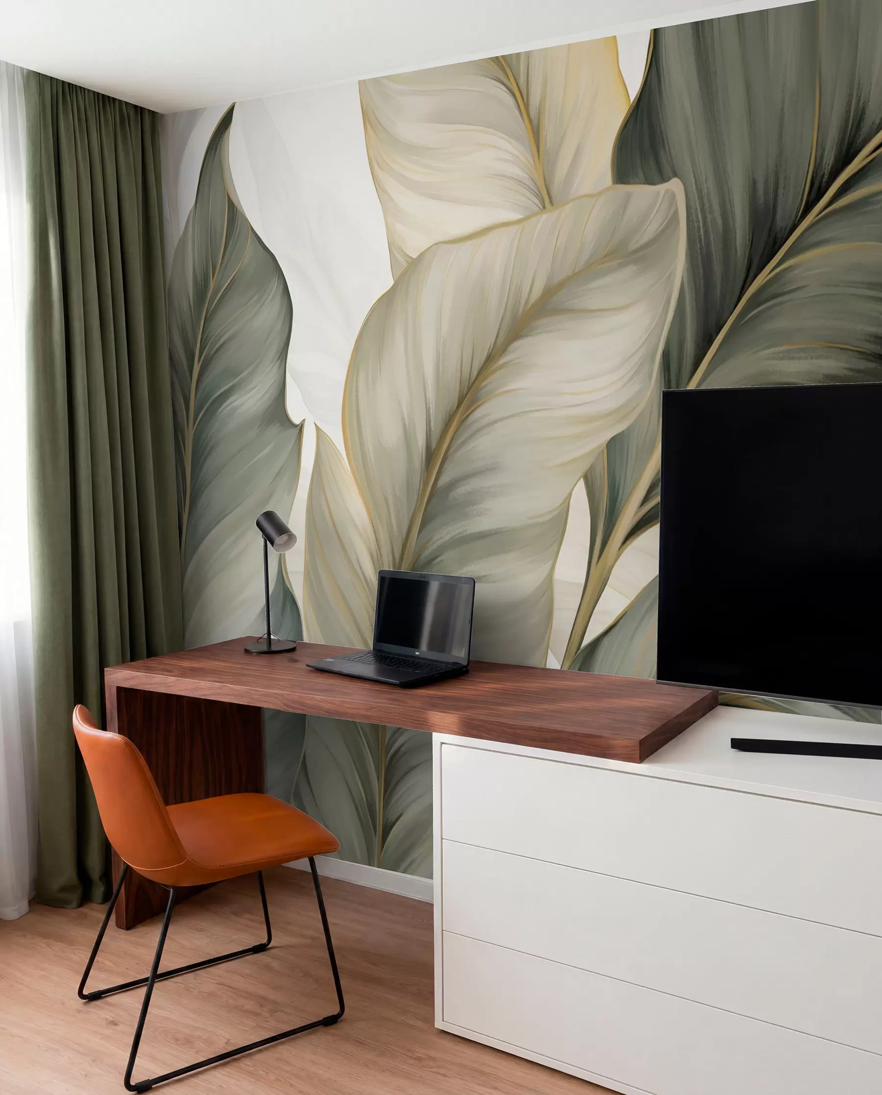 murales de pared Hojas grandes de textura estilizada con venas detalladas en varios tonos de verde, crema y beige w08785