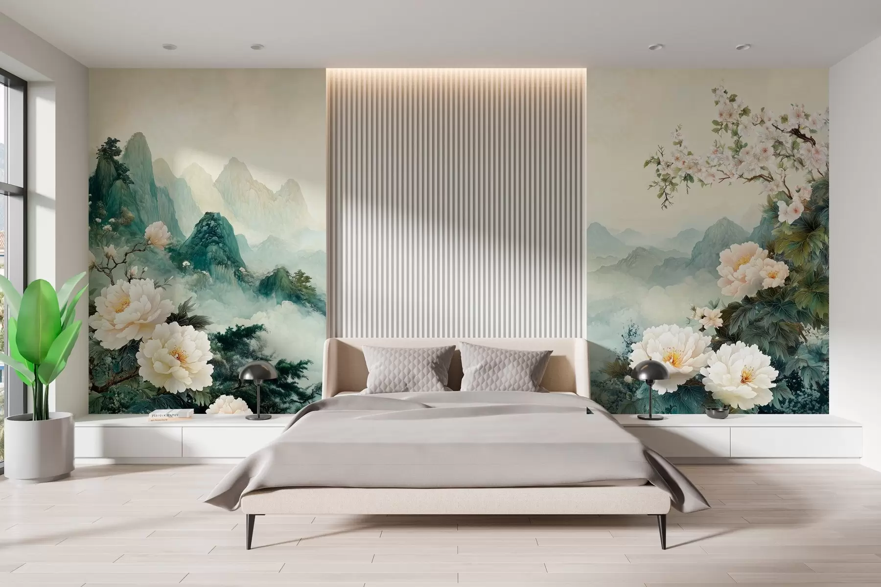 murales de pared paisaje con flores y colinas en estilo oriental w03111