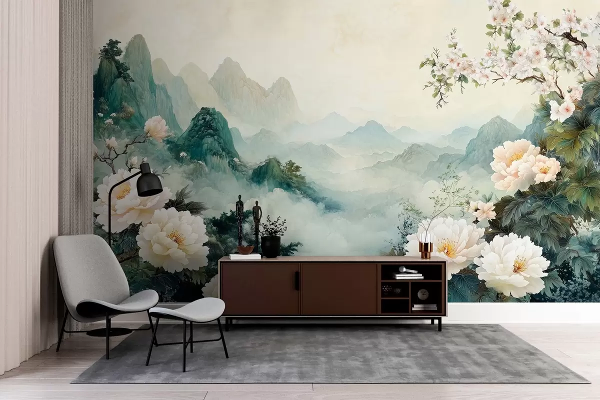 murales de pared paisaje con flores y colinas en estilo oriental w03111