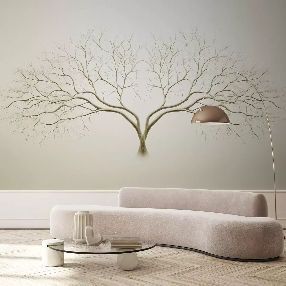 murales de pared Imagen minimalista de un árbol con delicadas ramas sobre fondo beige claro w03159v2