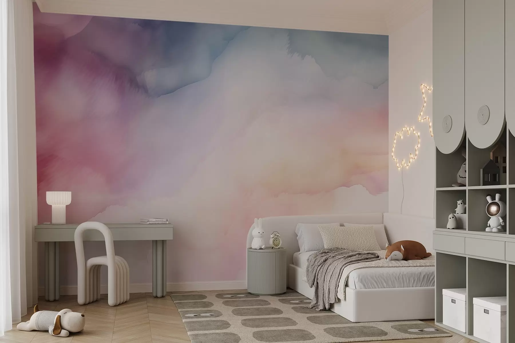 murales de pared Abstracto degradado de acuarela en suaves tonos pastel de rosa, azul y melocotón w03160