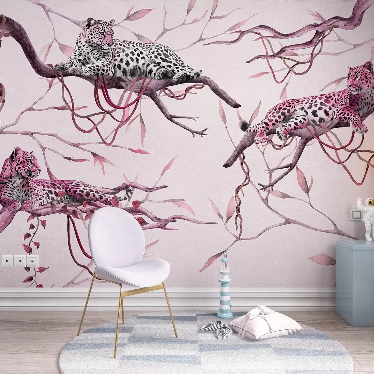 murales de pared Leopardos en los árboles de la selva, lianas, tropical, animales salvajes, paleta de color rosa w03146v2