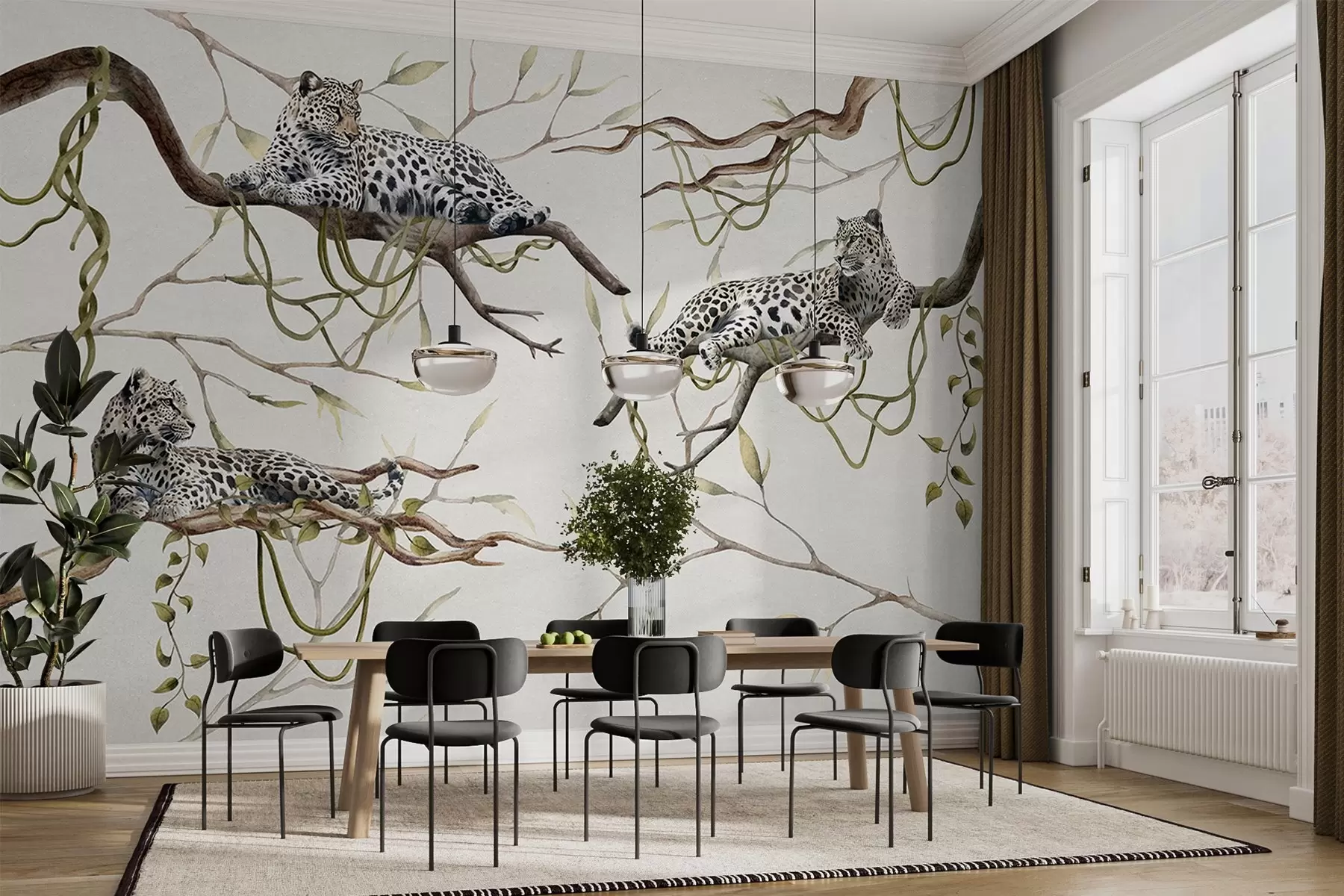 murales de pared Leopardos en los árboles de la selva, lianas, tropical, animales salvajes, paleta de colores pastel w03146v4
