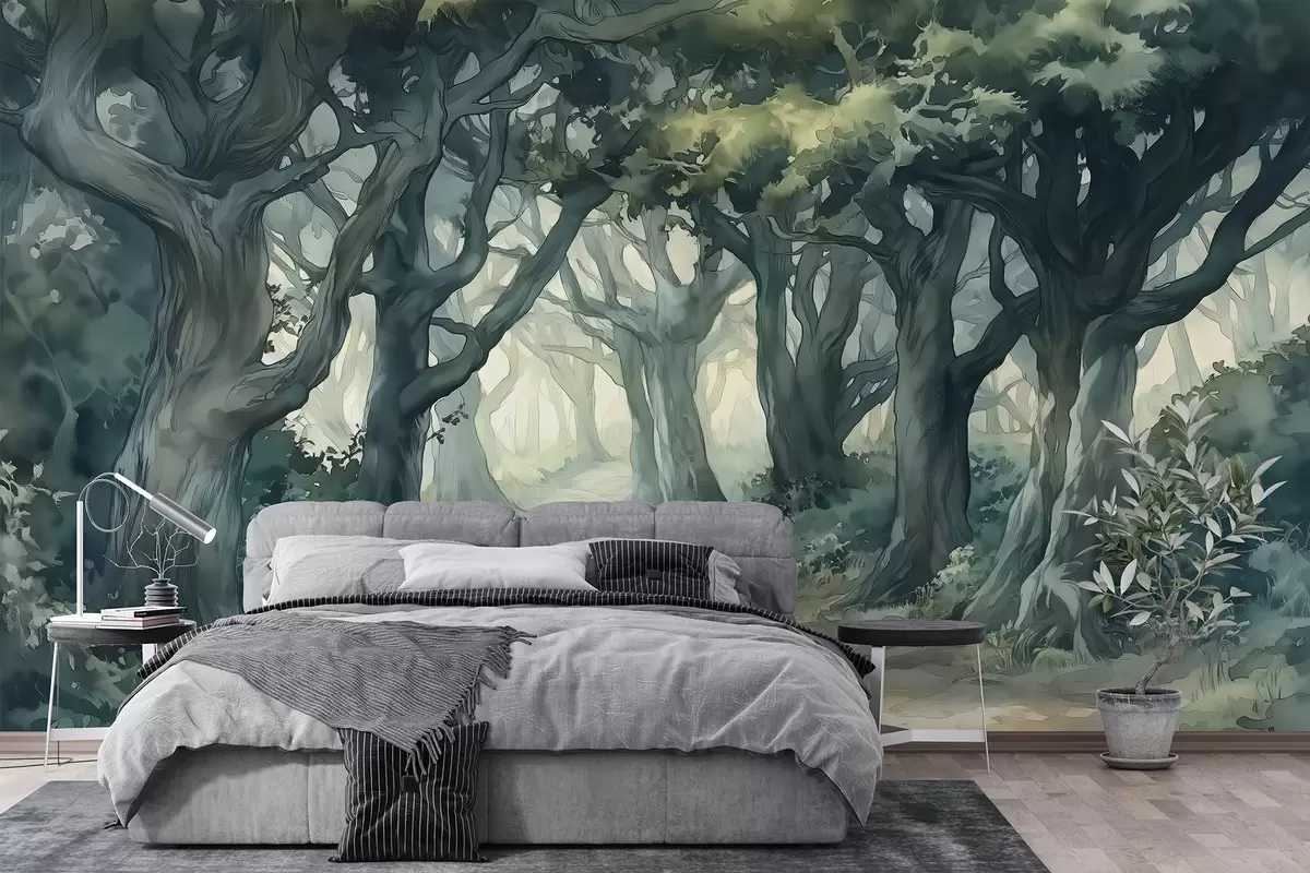 murales de pared Bosque con árboles grandes, spallete color verde, dibujo estilo acuarela w03150