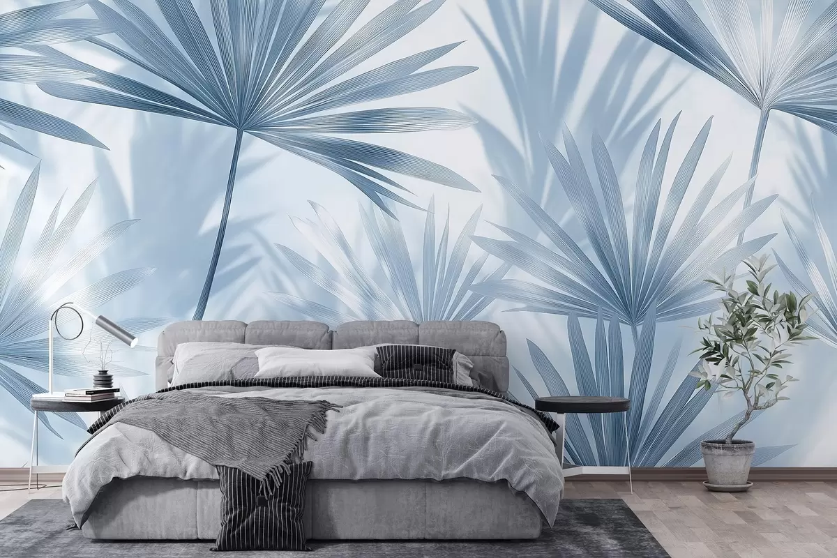 murales de pared Hojas de palmera, motivo floral, minimalismo, tropical, colores azules w03152