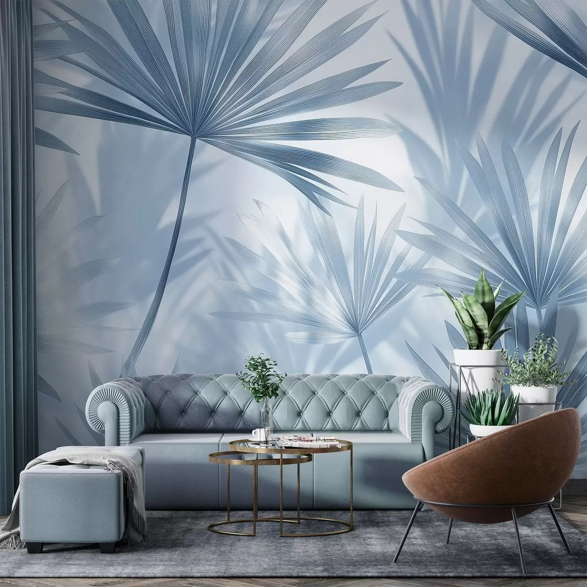 murales de pared Hojas de palmera, motivo floral, minimalismo, tropical, colores azules w03152