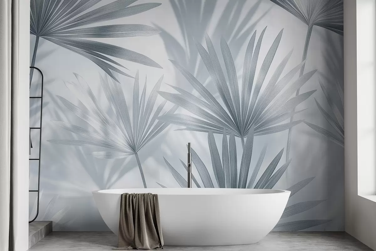 murales de pared Hojas de palmera, motivo floral, minimalismo, tropical, colores grises w03152v1
