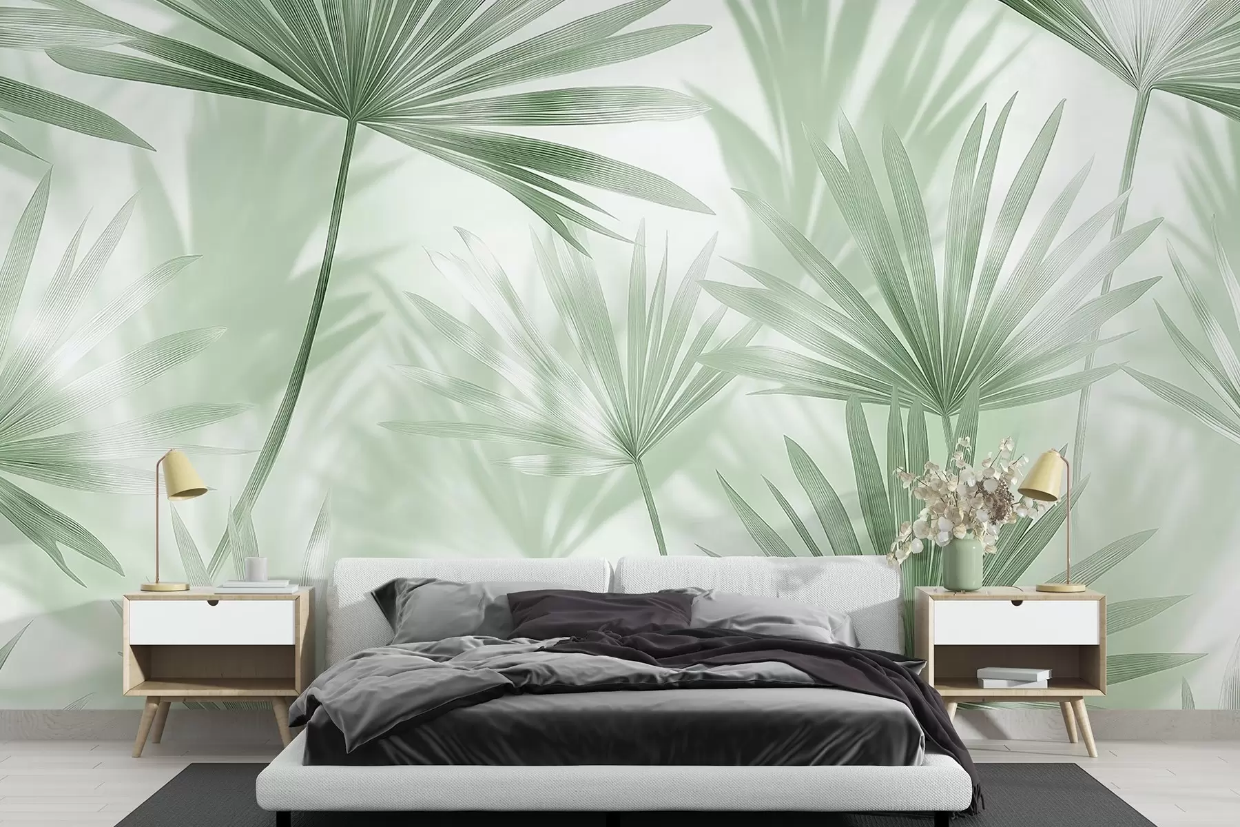 murales de pared Hojas de palmera, motivo floral, minimalismo, tropical, colores verdes w03152v2