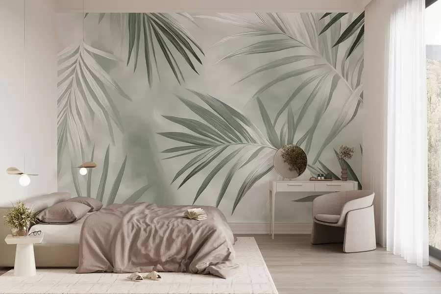 murales de pared Abstracción de hojas tropicales, palmera, paleta de colores verdes  w03153v2