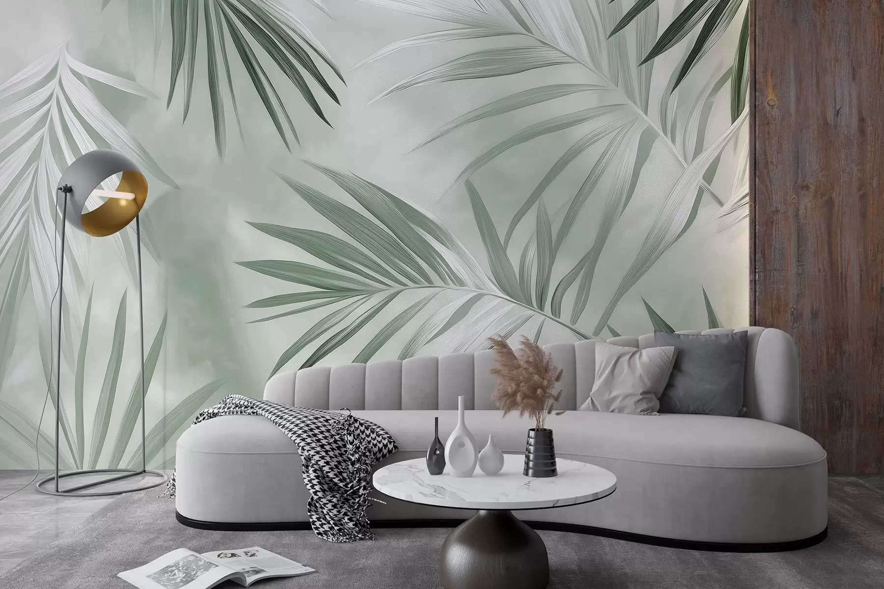 murales de pared Abstracción de hojas tropicales, palmera, paleta de colores verdes  w03153v2