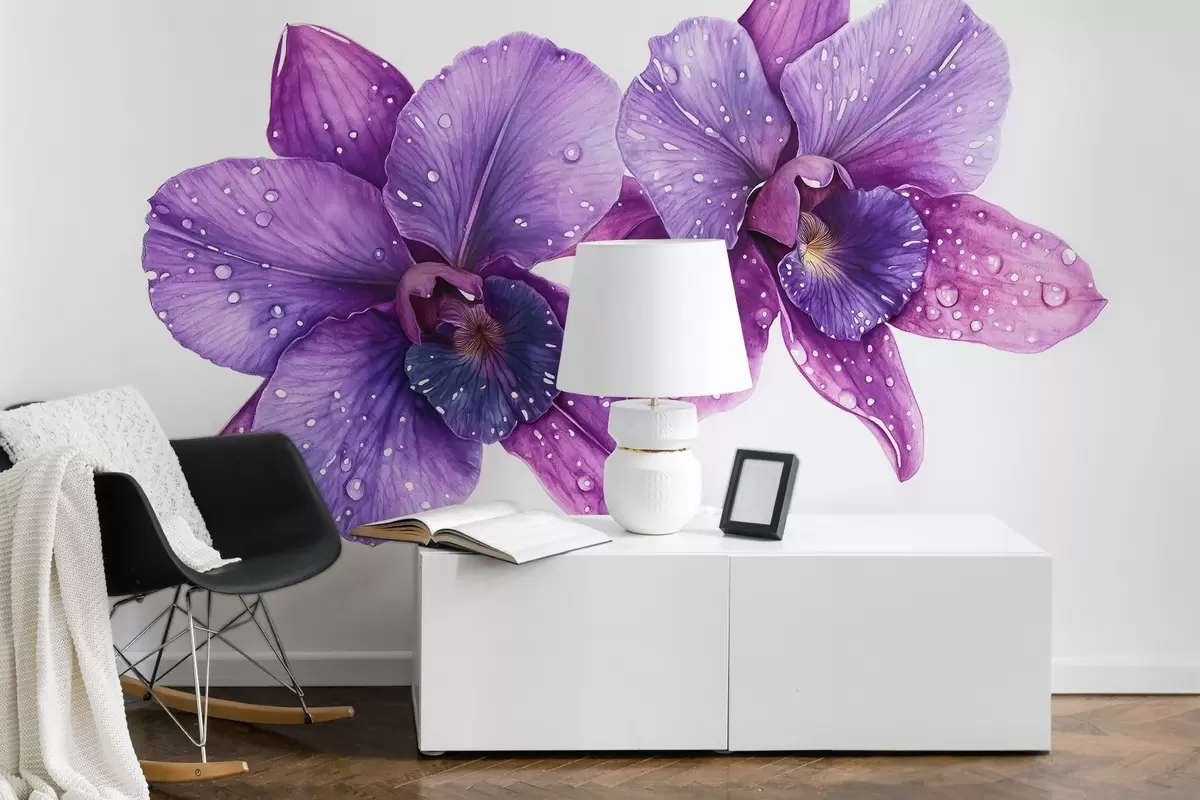 murales de pared Hermosas flores de orquídea, dibujo estilo acuarela, colores violetas w03164