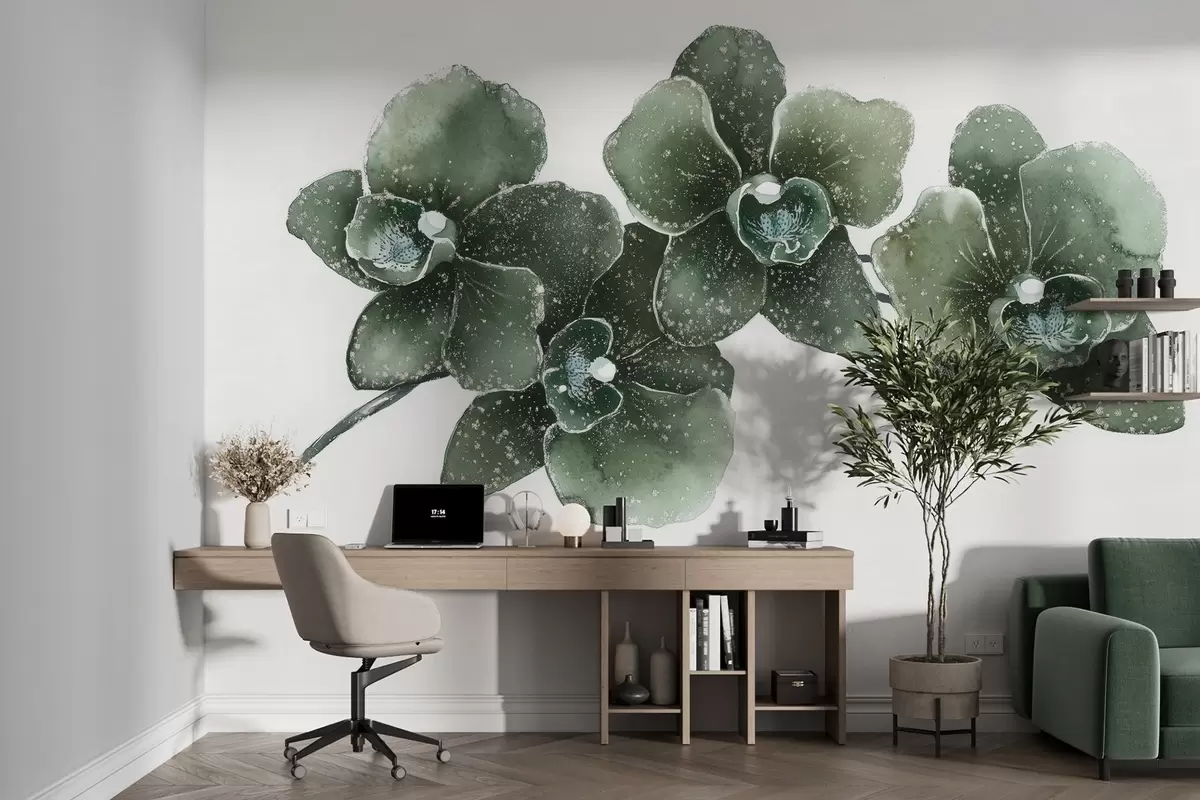 murales de pared Rama de flor de Orhid, estilo acuarela, floral, colores verdes w03165v1