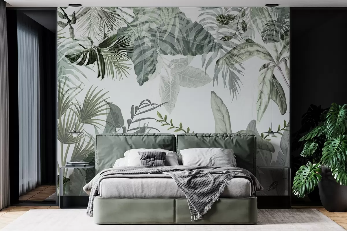 murales de pared Hojas tropicales transparentes en tonos verdes sobre fondo blanco w08822