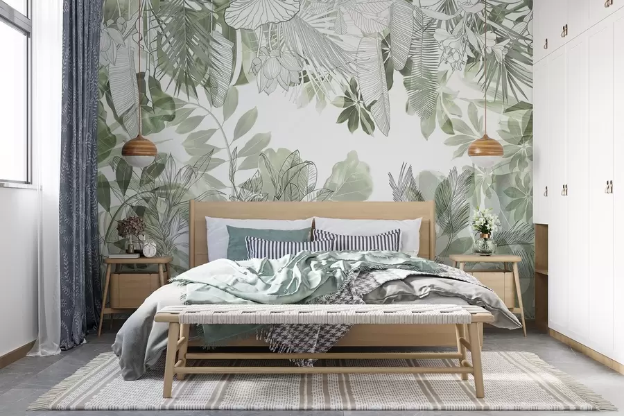 murales de pared Plantas y hojas tropicales con estampado de jungla verde sobre fondo blanco w08823