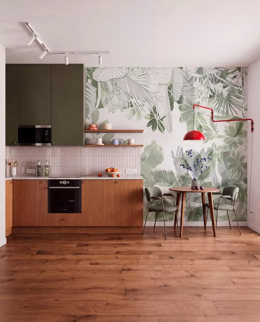murales de pared Plantas y hojas tropicales con estampado de jungla verde sobre fondo blanco w08823