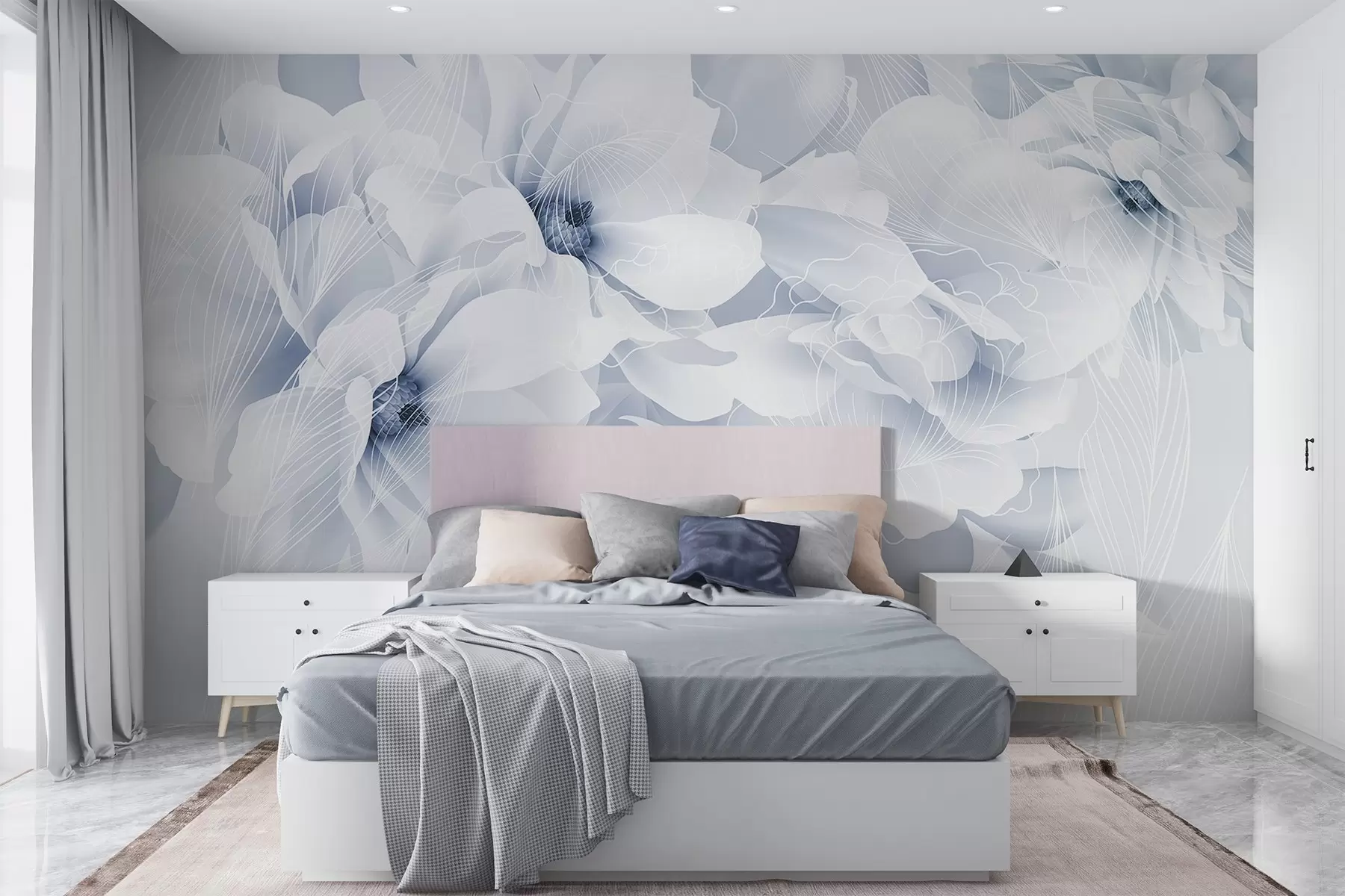 murales de pared Flores de peonía en tonos pastel con delicados pétalos blancos y azules y líneas blancas sobre fondo azul claro w08826