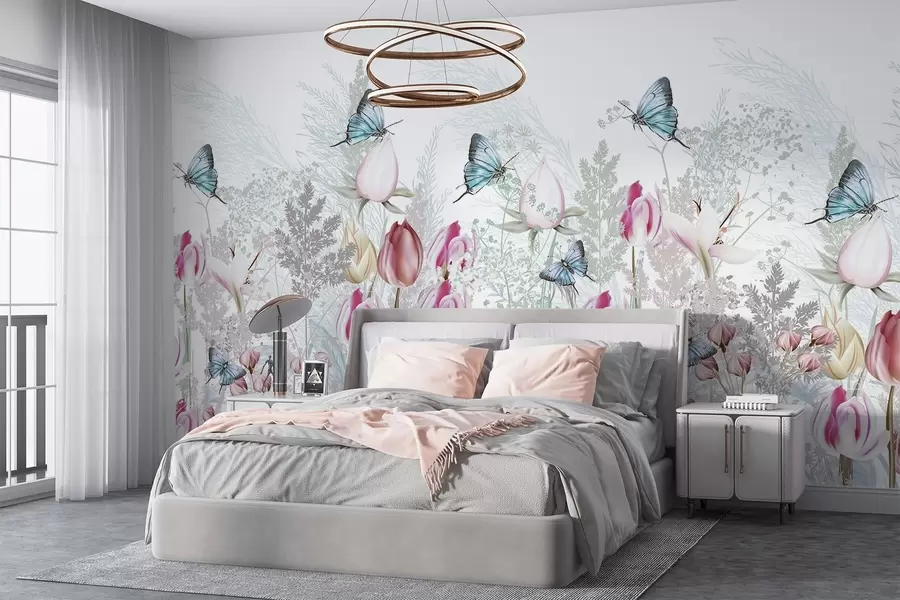 murales de pared Estampado en tonos pastel con flores de tulipán, hierba y mariposas volando en un jardín w08834