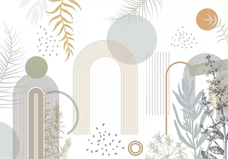 murales de pared Estampado abstracto con formas geométricas, arcos y hojas tropicales sobre fondo blanco w08835