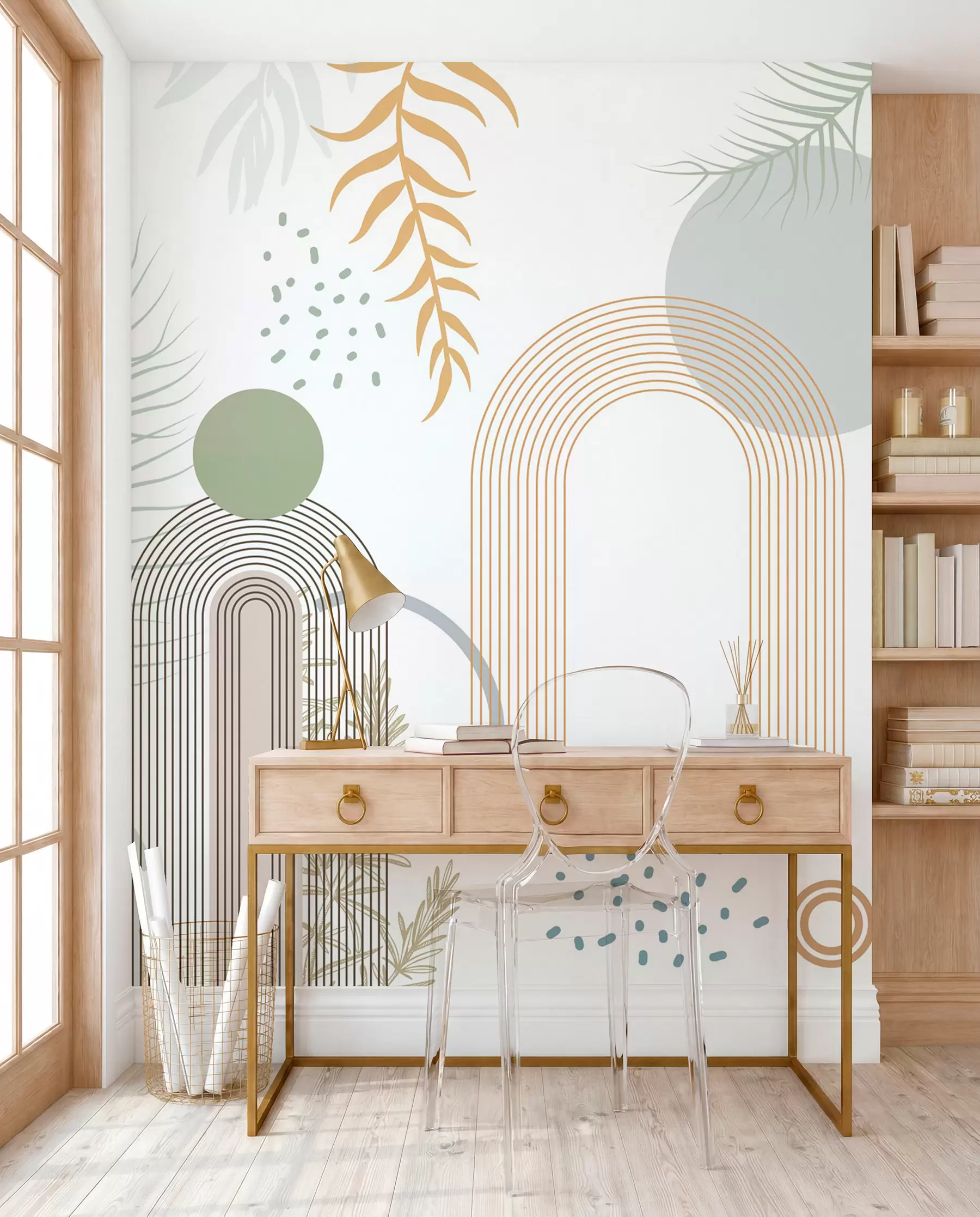 murales de pared Estampado abstracto con formas geométricas, arcos y hojas tropicales sobre fondo blanco w08835