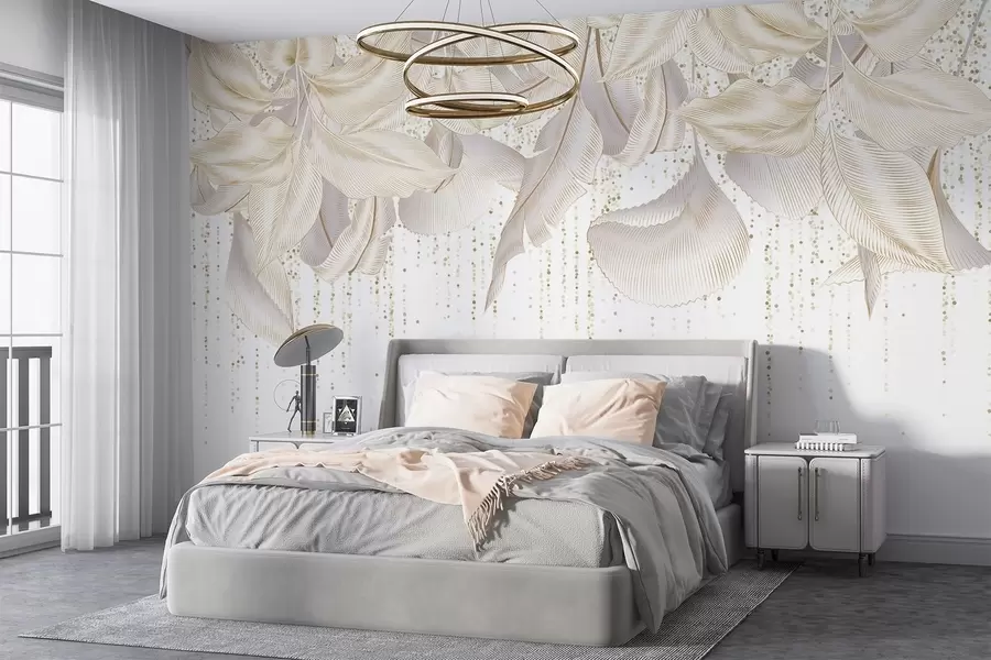 murales de pared Textura de hojas tropicales detalladas en blanco y puntos amarillos sobre fondo blanco w08836