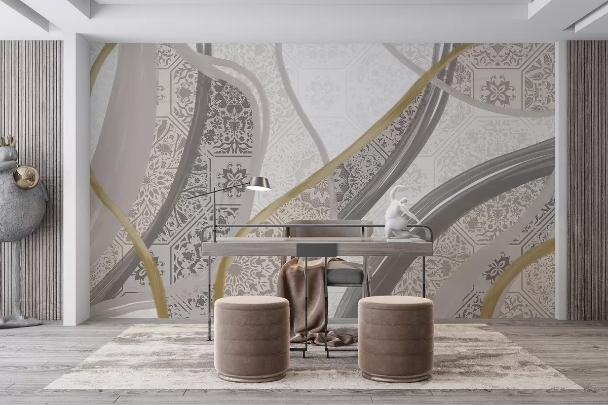 murales de pared Cuadro abstracto con motivos geométricos y líneas curvas en colores beige, gris y amarillo w08837