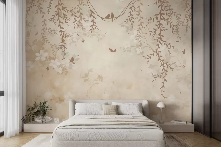 murales de pared Pájaros con plantas colgantes y un motivo floral en tonos beige-crema claro w08809
