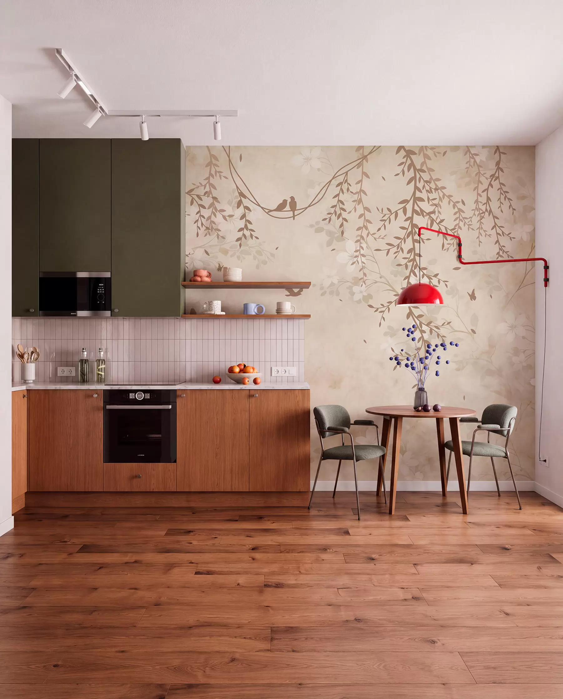 murales de pared Pájaros con plantas colgantes y un motivo floral en tonos beige-crema claro w08809