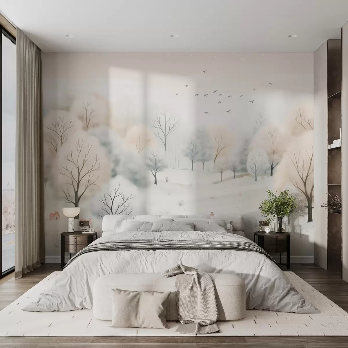 murales de pared Bosque invernal con árboles, casitas, pájaros y nieve en estilo acuarela ligera w08815