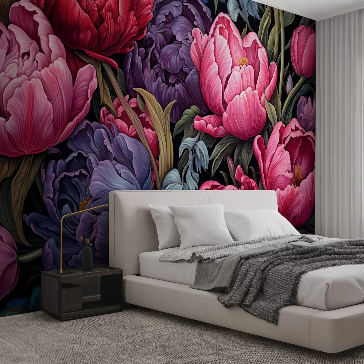 murales de pared Tulipanes y peonías de estilo victoriano, en colores rosa y morado w08818