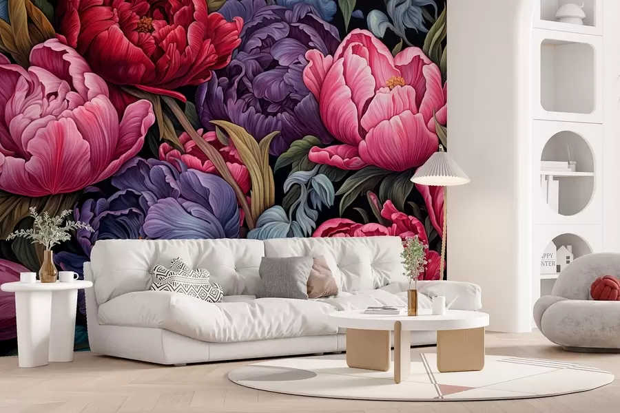 murales de pared Tulipanes y peonías de estilo victoriano, en colores rosa y morado w08818