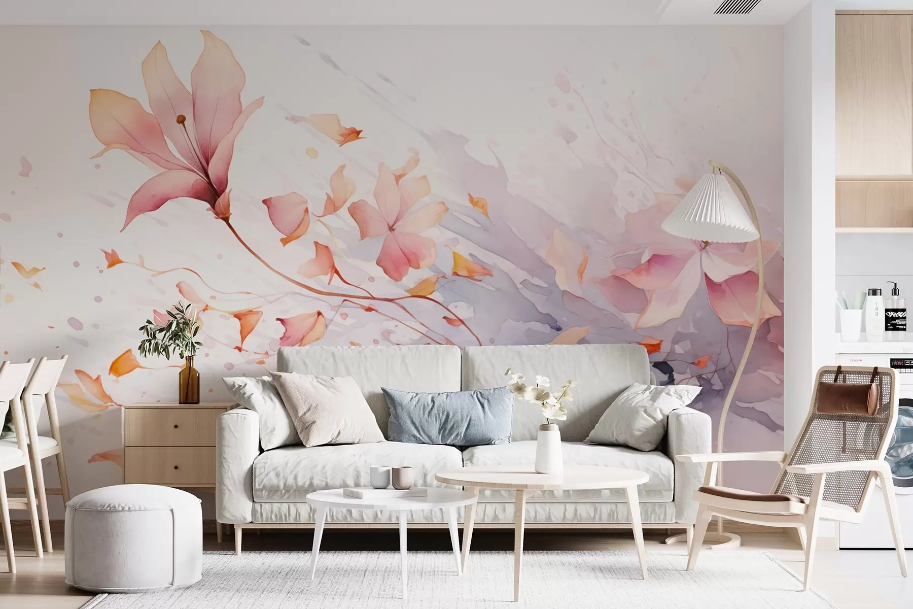 murales de pared Una flor con pétalos que caen revoloteando al viento en estilo acuarela w08821