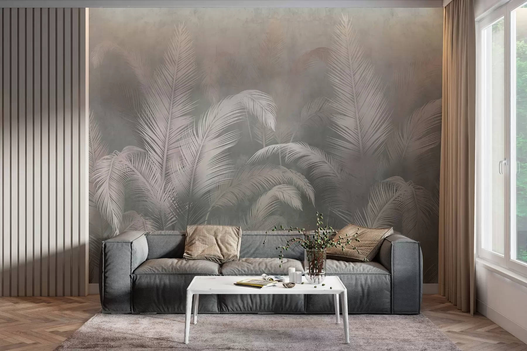 murales de pared Hojas de palmera tropicales en estilo grunge w03250v1